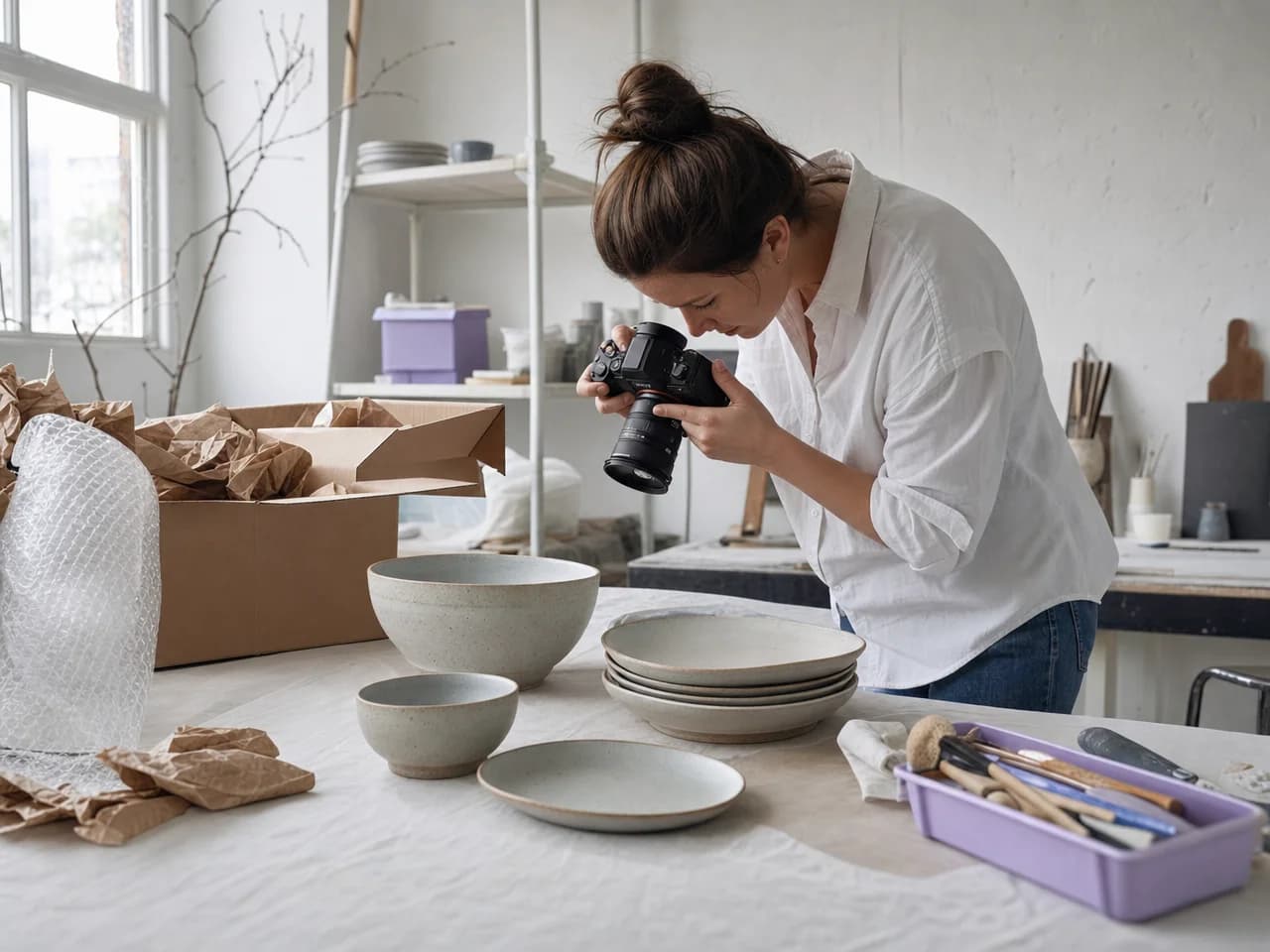 An independent seller photographing a handmade ceramic dinnerware set beside packing materials in a bright workshop